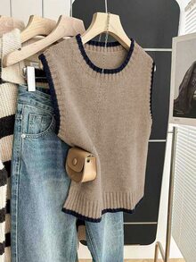 Calvaya Casual Loose Crew Neck Sleeveless Knit Contrast Trim Khaki Sweater Top For Women, Spring/Autumn - Camel - View 4