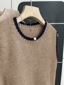 Calvaya Casual Loose Crew Neck Sleeveless Knit Contrast Trim Khaki Sweater Top For Women, Spring/Autumn - Camel - View 5