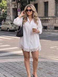 Easura Plus Size Women's Autumn/Winter Long Shirt With Lace Patchwork And Ruffle Hem, Casual Commute Elegant Blouse Fall - White - View 8