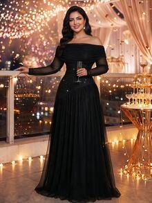 Auveirra Plus Size Elegant Embroidered Pleated Off-Shoulder Dress Fall - Black - View 6