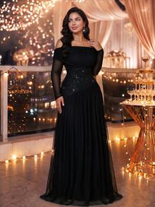 Auveirra Plus Size Elegant Embroidered Pleated Off-Shoulder Dress Fall - Black - View 1