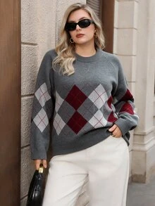 Lacomfia Plus Size Vintage Streetwear Argyle Jacquard Long Sleeve Sweater - Grey - View 3