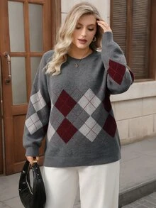 Lacomfia Plus Size Vintage Streetwear Argyle Jacquard Long Sleeve Sweater - Grey - View 6