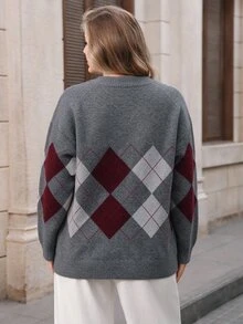 Lacomfia Plus Size Vintage Streetwear Argyle Jacquard Long Sleeve Sweater - Grey - View 2