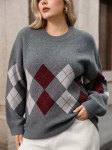 Lacomfia Plus Size Vintage Streetwear Argyle Jacquard Long Sleeve Sweater - Grey - View 5