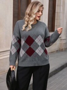 Lacomfia Plus Size Vintage Streetwear Argyle Jacquard Long Sleeve Sweater - Grey - View 7