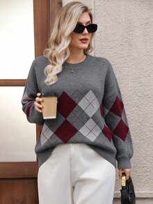 Lacomfia Plus Size Vintage Streetwear Argyle Jacquard Long Sleeve Sweater - Grey - View 1