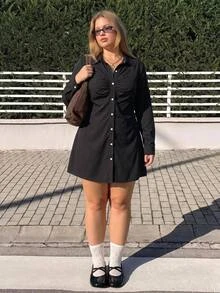 GalTyme Plus Size Women Solid Color Pleated Casual Daily Summer Travel Dress Fall - Black - View 3