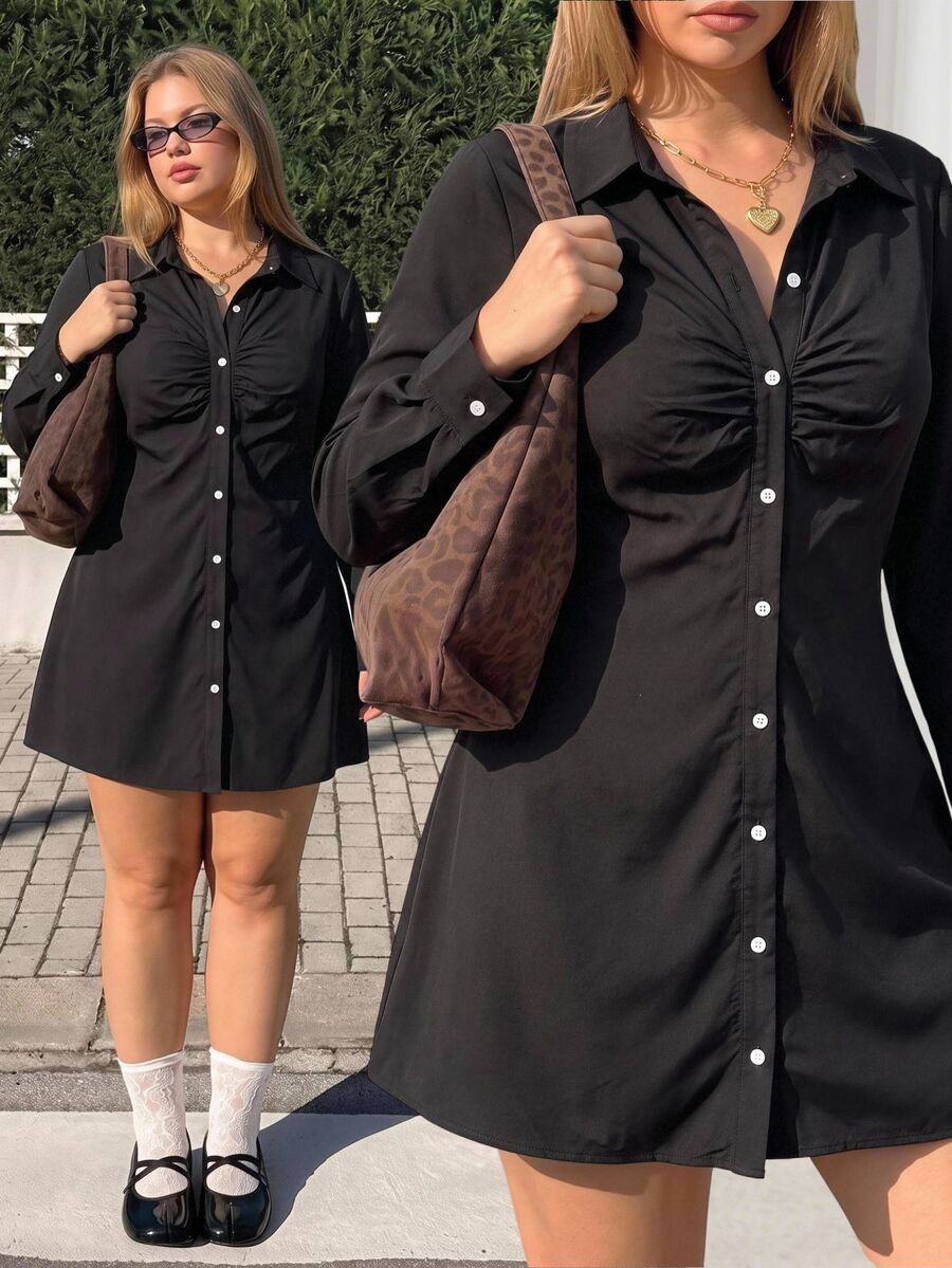 GalTyme Plus Size Women Solid Color Pleated Casual Daily Summer Travel Dress Fall - Black - View 1