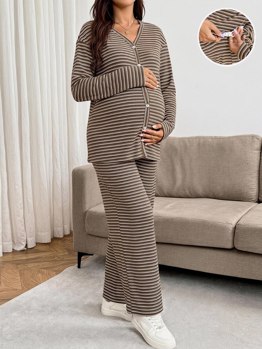 SHEIN Maternity Striped Color Block Button-Up Top And Adjustable Waist ...