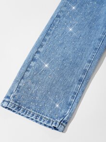 SHEIN طقم من قطعتين للفتيات الصغيرات، جاكيت قصير وبنطلون من الدنيم الأزرق الفاتح بغسيل متوسط، ستايل Y2K كاوبوي فينتاج أساسي مع تمزيق ومرصع بالراينستون، للعودة إلى المدرسة والخريف - أزرق متوسط - مشاهدة 8