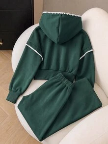 SHEIN 女童保暖內裡 2 件式運動服套裝，波浪荷葉邊蝴蝶結對比色刺繡連帽衛衣 + 鬆緊腰長褲，秋季保暖 - 彩色 - 查看 2