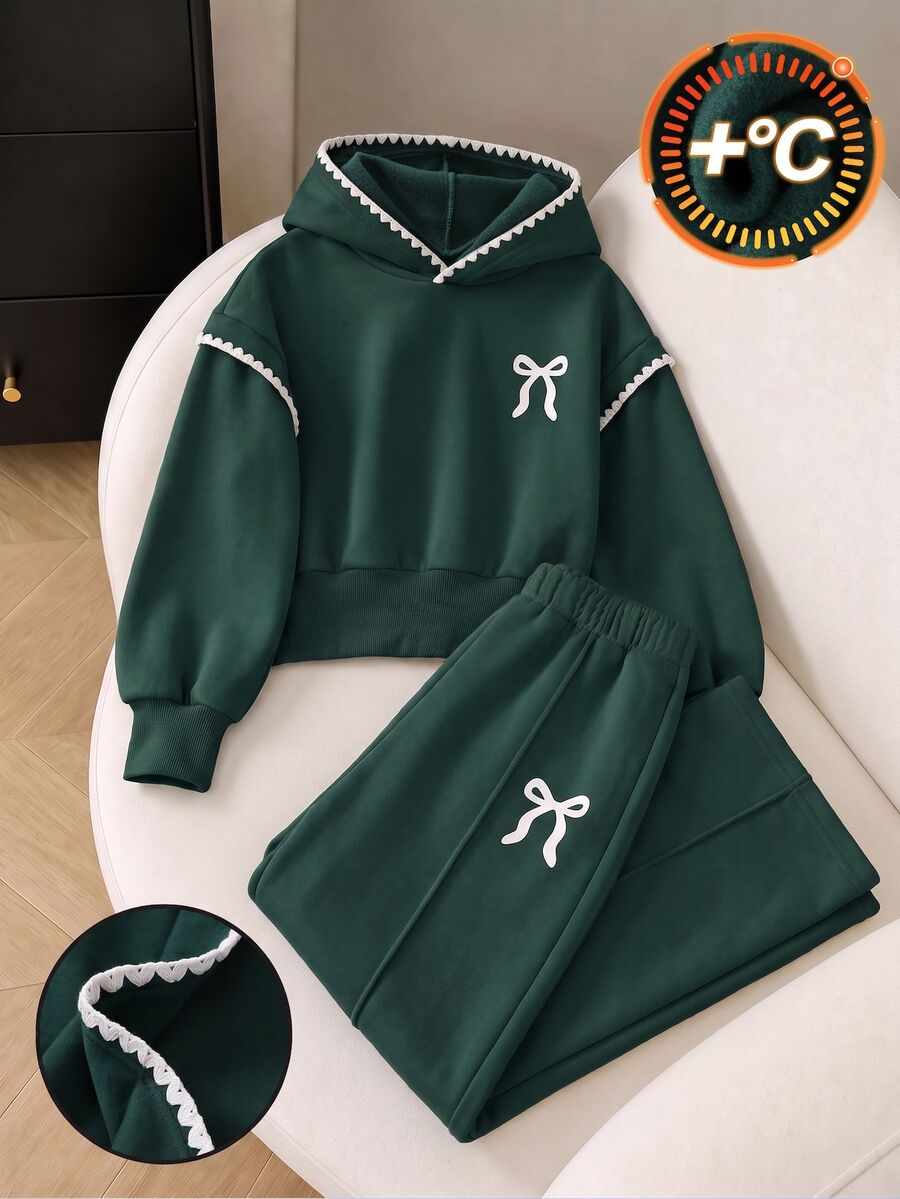 SHEIN 女童保暖內裡 2 件式運動服套裝，波浪荷葉邊蝴蝶結對比色刺繡連帽衛衣 + 鬆緊腰長褲，秋季保暖 - 彩色 - 查看 1