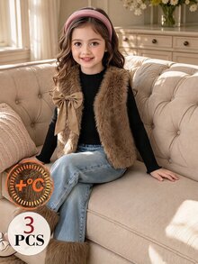 SHEIN Elladie kids Girls' Winter Three Pieces Set: Long-Sleeve High-Neck Base Layer Top + Plush Vest + Denim-Panelled Plush Trousers, Winter Outfit In Brown Color. - Black - View 7