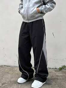 SHEIN Casuvi Kids 青少年男孩寬鬆街頭風運動長褲，對比色滾邊黑色拼接寬腿直筒抽繩運動褲，秋季款 - 黑色 - 查看 1