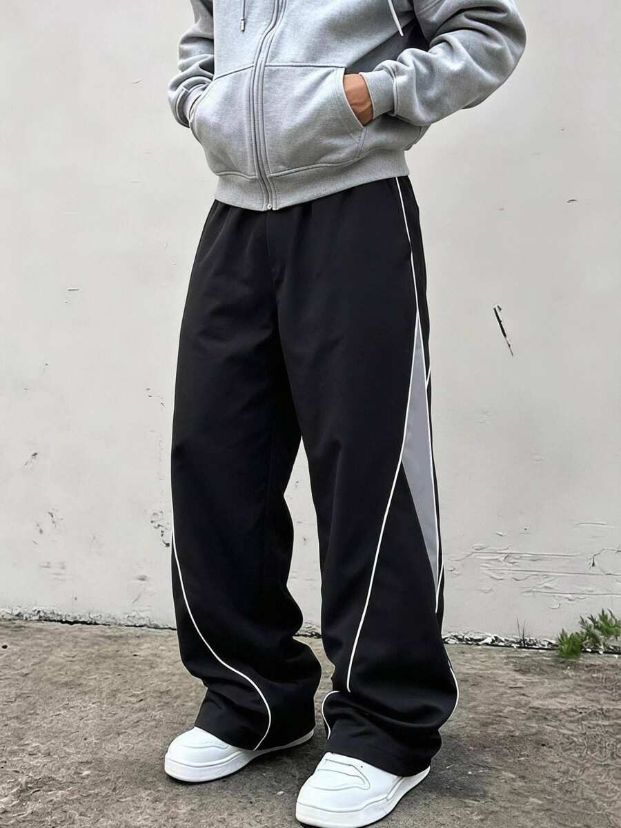 SHEIN Casuvi Kids 青少年男孩寬鬆街頭風運動長褲,對比色滾邊黑色拼接寬腿直筒抽繩運動褲,秋季款 - 黑色 - 查看 1