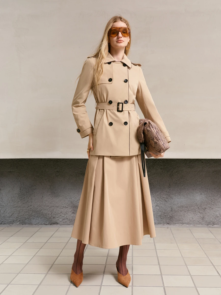 MOTF PREMIUM WOMEN'S SOLID COLOR DOUBLE-BREASTED LONG SLEEVE CASUAL TRENCH COAT - Khaki - View 1