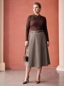 MOTF PREMIUM PLUS SIZE WOMEN'S HOUNDSTOOTH PATTERN WOOL SKIRT WITH BELT - Brown - View 7