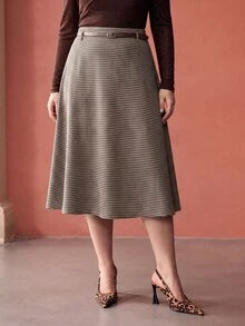 MOTF PREMIUM PLUS SIZE WOMEN'S HOUNDSTOOTH PATTERN WOOL SKIRT WITH BELT - Brown - View 2