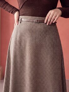 MOTF PREMIUM PLUS SIZE WOMEN'S HOUNDSTOOTH PATTERN WOOL SKIRT WITH BELT - Brown - View 1