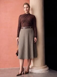 MOTF PREMIUM PLUS SIZE WOMEN'S HOUNDSTOOTH PATTERN WOOL SKIRT WITH BELT - Brown - View 6