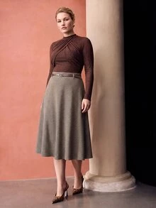 MOTF PREMIUM PLUS SIZE WOMEN'S HOUNDSTOOTH PATTERN WOOL SKIRT WITH BELT - Brown - View 8