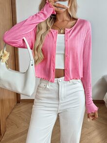 Easowa Women's Solid Color Round Neck Single-Breasted Fashion Casual Thin Jacket - Hot Pink - View 2