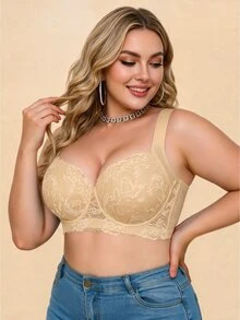 DesireSculpt Sexy Lace Plus Size Comfortable Seamless Push-Up Adjustable Underwire Bra, 1pc - Apricot - View 4