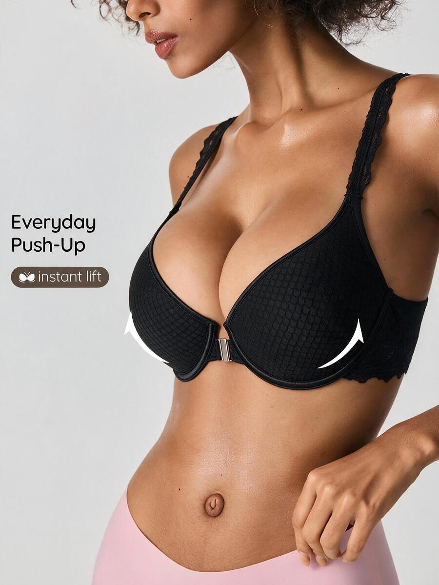 SHEIN 1件女款蕾絲飾邊胸罩，簡約日常聚攏內衣 - 黑色 - 查看 1