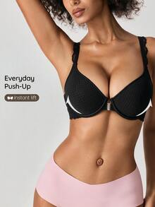 SHEIN 1件女款蕾絲飾邊胸罩，簡約日常聚攏內衣 - 黑色 - 查看 5