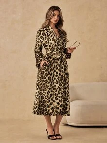 HautHeat Women's Leopard Print Split Design Casual Daily Home Sleepwear - Coffee Brown - View 7
