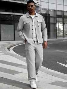 Manfinity CasualCool Men's Casual Solid Color Long Sleeve Utility Shirt & Pants Set, Fall Clothes - Grey - View 4