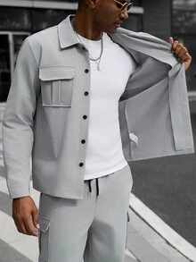Manfinity CasualCool Men's Casual Solid Color Long Sleeve Utility Shirt & Pants Set, Fall Clothes - Grey - View 6