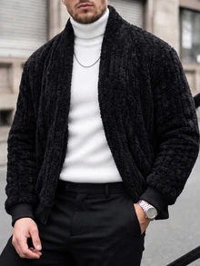 Manfinity CasualCool Men's Long Sleeve Solid Color Open Front Fleece Jacket, Halloween, Christmas, New Year, Gift - Black - View 1