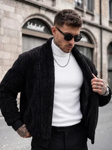 Manfinity CasualCool Men's Long Sleeve Solid Color Open Front Fleece Jacket, Halloween, Christmas, New Year, Gift - Black - View 3