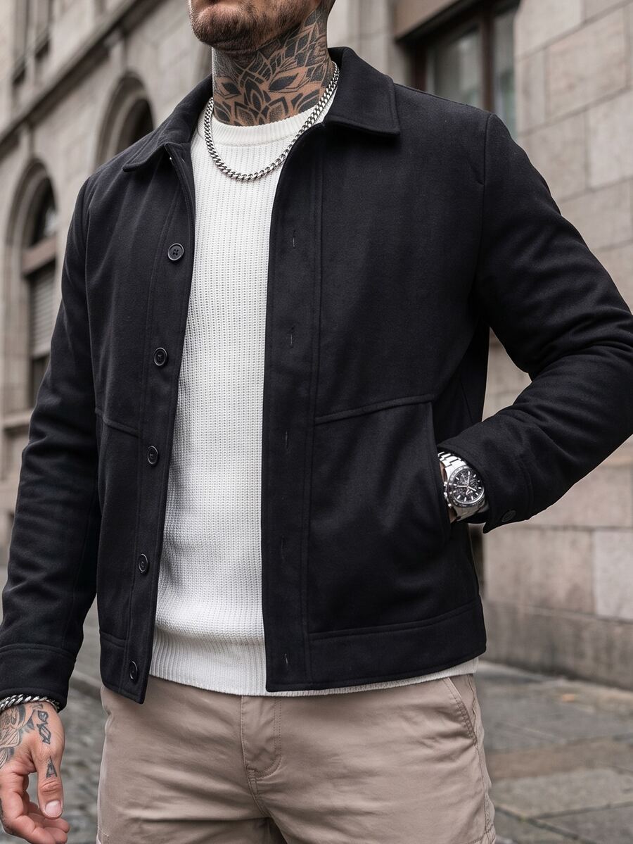 Manfinity CasualCool Men's Casual Fashion Vintage Long Sleeve Loose Patchwork Overcoat, Essential For Outings, Gift For Family And Friends - Black - View 1