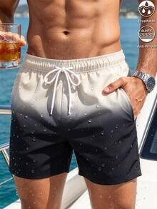 Manfinity Chillmode Summer Men's Ombre Drawstring Waist Beach Shorts, Summer Holiday / Vacation / Beach / Hawaii / Tropical / Swim /  Bathing - Black - View 2