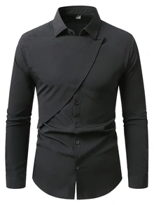 Calvornis Men's Solid Color Single-Breasted Fashion Casual Long Sleeve Shirt, Formal, Old Money - Black - View 5