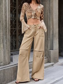 Selenza Jeans de mezclilla casuales diarios para mujer con bolsillos y botones - Caqui - Ver 5