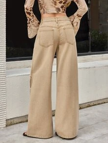 Selenza Jeans de mezclilla casuales diarios para mujer con bolsillos y botones - Caqui - Ver 2