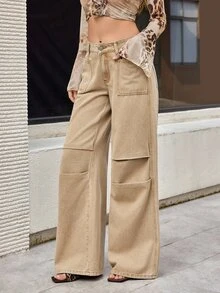 Selenza Jeans de mezclilla casuales diarios para mujer con bolsillos y botones - Caqui - Ver 11
