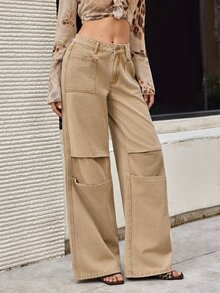 Selenza Jeans de mezclilla casuales diarios para mujer con bolsillos y botones - Caqui - Ver 10