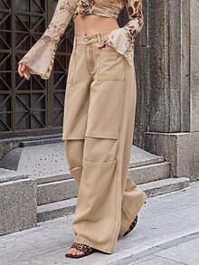 Selenza Jeans de mezclilla casuales diarios para mujer con bolsillos y botones - Caqui - Ver 4