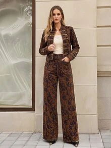 Selenza 女款優雅復古街頭風鈕扣口袋牛仔褲，日常秋季穿搭，僅牛仔褲 - 咖啡棕 - 查看 5