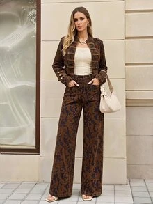 Selenza 女款優雅復古街頭風鈕扣口袋牛仔褲，日常秋季穿搭，僅牛仔褲 - 咖啡棕 - 查看 4