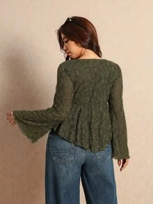 Elaquor Plus Size Women's Front Knot Flared Sleeve Ruffle Hem Fashion Top Fall - Army Green - View 2