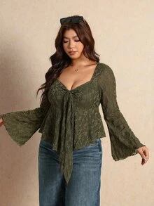 Elaquor Plus Size Women's Front Knot Flared Sleeve Ruffle Hem Fashion Top Fall - Army Green - View 5