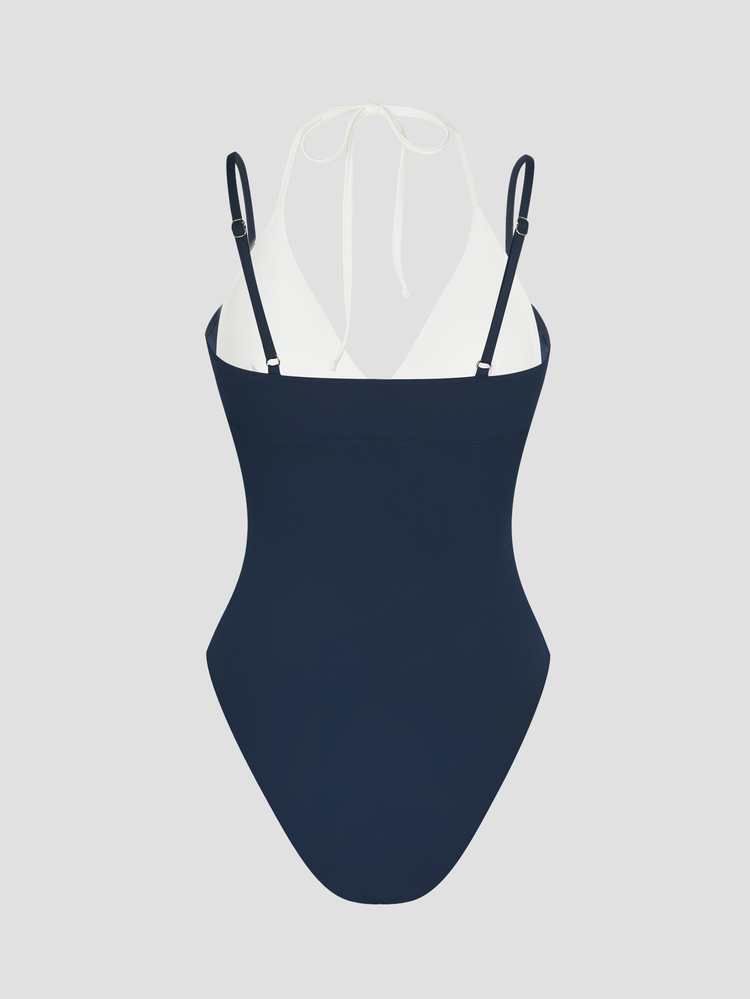 Swim SXY Blue & White Colorblock Double Layer Spaghetti Strap High Cut Minimalist Retro Sport Jumpsuit - Blue and White - View 2