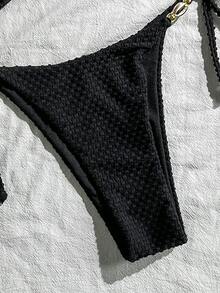 Swim Chiccia Women's Summer Beach Outfits, Solid Color Jacquard Fabric Spaghetti Strap Sexy Bikini Set With Shell Metal Decor - Black - View 7