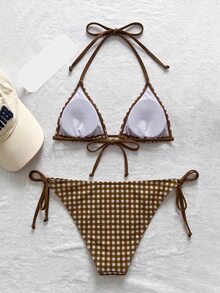 SHEIN Swim Women's Sexy Plaid Halter Neck Bikini Set For Beach Vacation - Brown - View 2